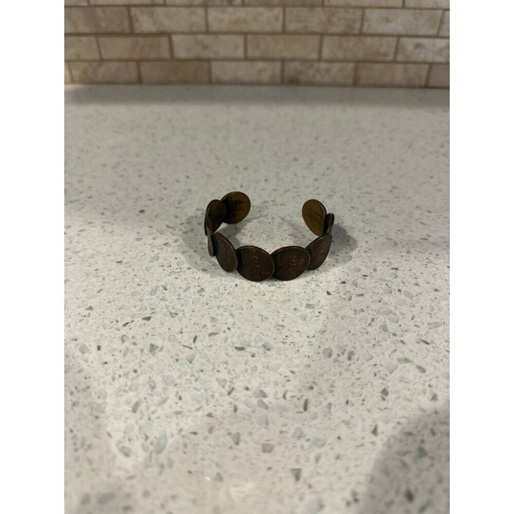 Vintage Hand Made Solid Copper 1975 Penny Design‎ Wide Cuff Bracelet